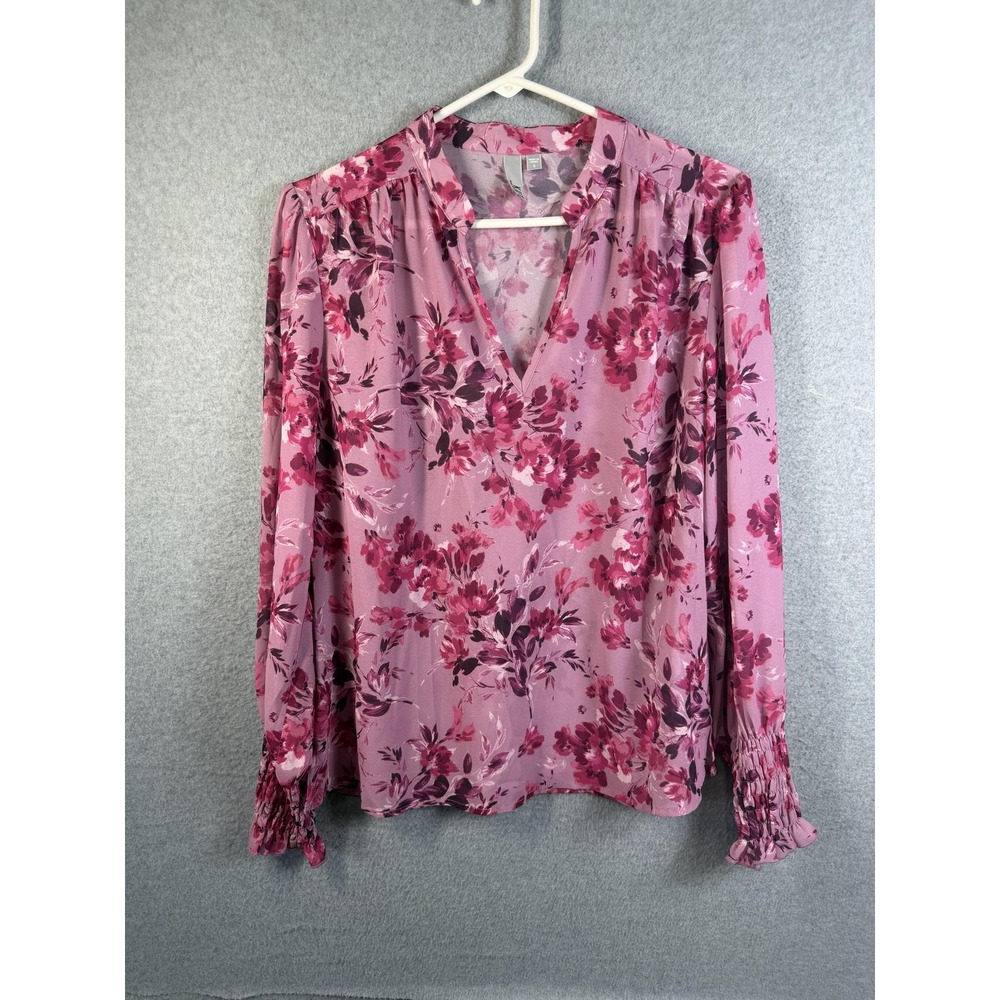 KUT From The Kloth Blouse Womens Small Pink Floral V Neck Long Sleeve Top